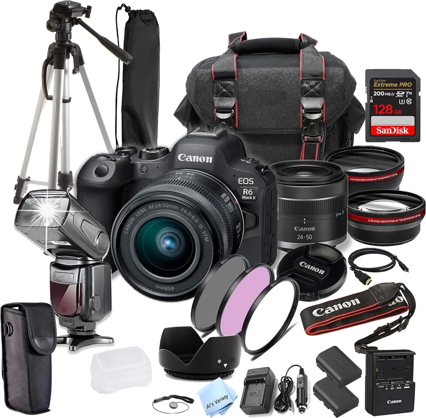 Discovery Trade Canon EOS R6 Mark II with 24-50mm 128GB Extreme Speed Card with Commander Gear Bag Spare Battery Filter Kit