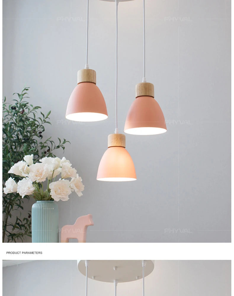 Nordic Macaron Chandeliers E27 Creative Wooden Bedside Lights For Bedroom Study Cafe Bar Restaurant Decor 3 Heads Pendant Lamps