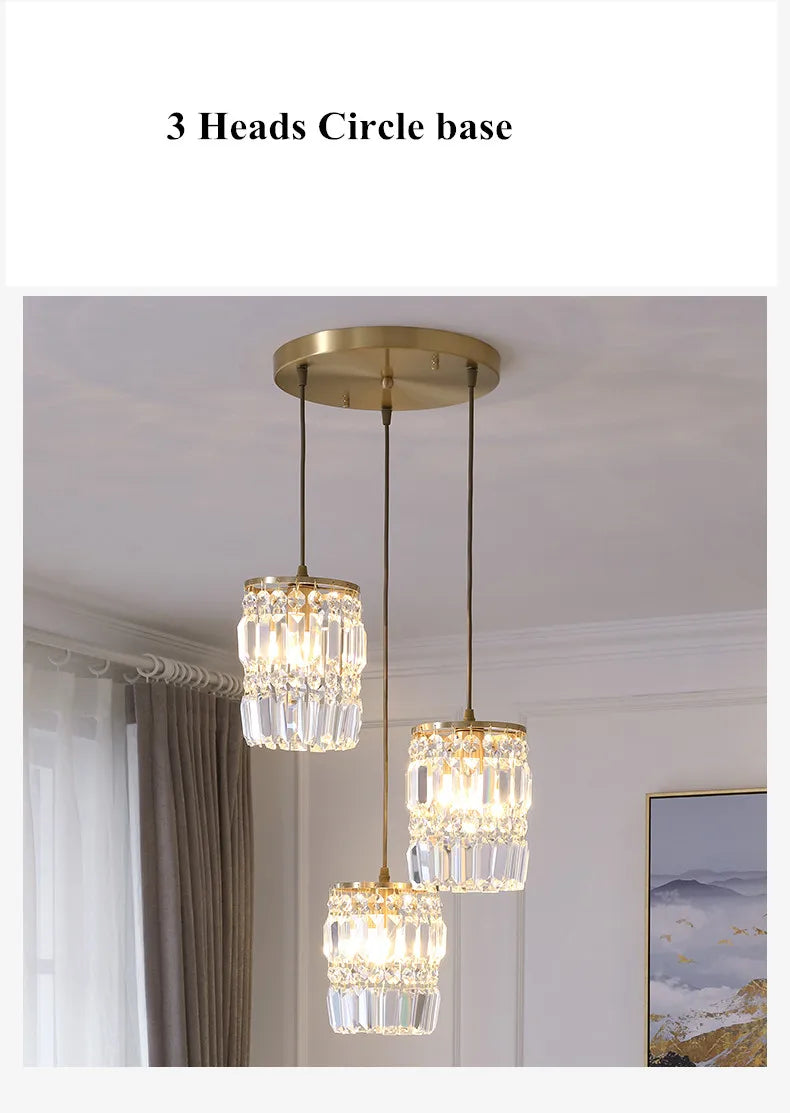 Nordic Copper LED Pendant Light Luxury Crystal Ceiling Lamps Modern Chandelier Lustre Dining Table Bar Kitchen Island Fixtures