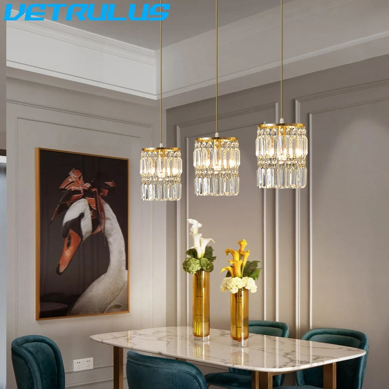 Nordic Copper LED Pendant Light Luxury Crystal Ceiling Lamps Modern Chandelier Lustre Dining Table Bar Kitchen Island Fixtures