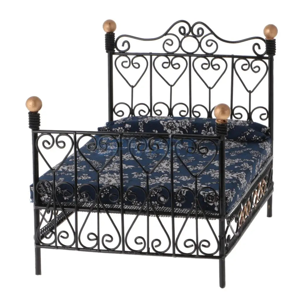 1:12 Dollhouse Miniature Metal European Retro Double Bed Bedroom Furniture Dolls House Accessory Children Funny Pretend Play Toy