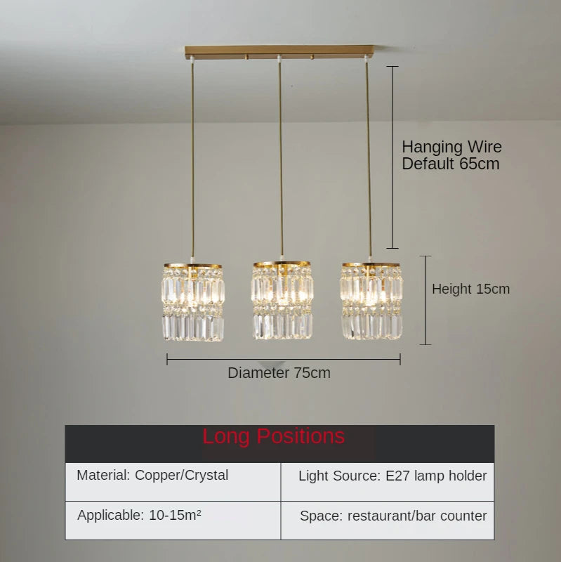 Nordic Copper LED Pendant Light Luxury Crystal Ceiling Lamps Modern Chandelier Lustre Dining Table Bar Kitchen Island Fixtures