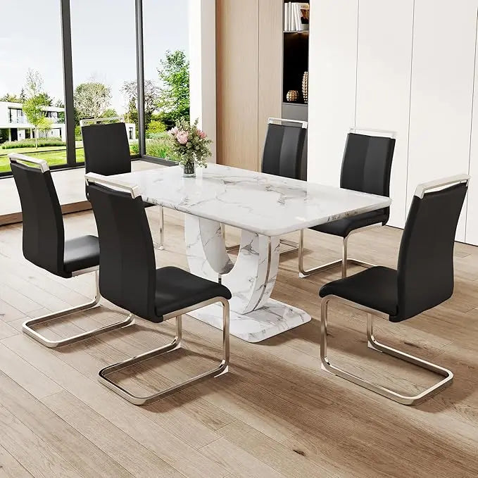 63" Morden Faux Marble Dining Room Table Set,Big Kitchen Dining Table for 6-8 with MDF Base,7 Piece Rectangle Dining Table Set