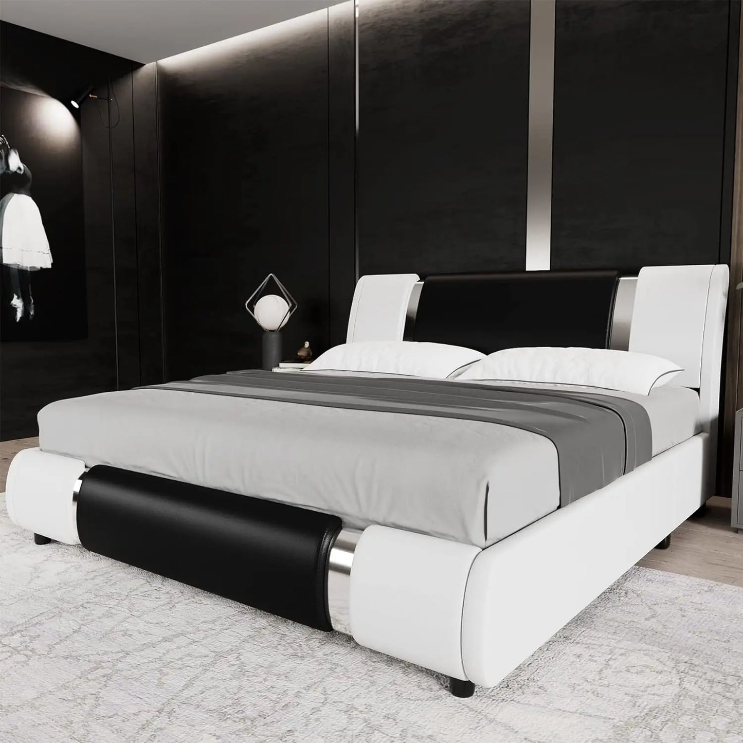 Modern Faux Leather Upholstered Platform Bed Frame with Golden Iron Metal Decor, Adjustable Curved Headboard, Queen Size, White