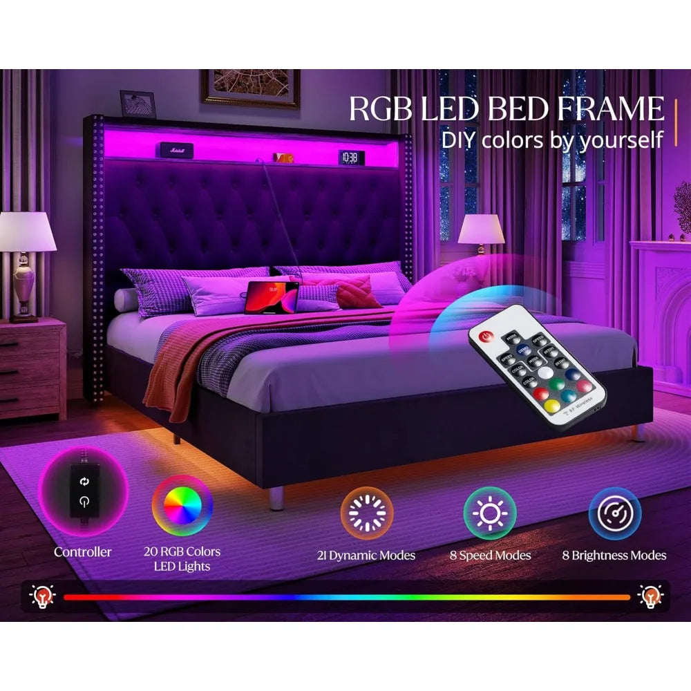 King Bed Frame with Headboard LED Lights and Charging Station, Velvet Tall Upholstered Platform Bed Storage No Box Spring Needed
