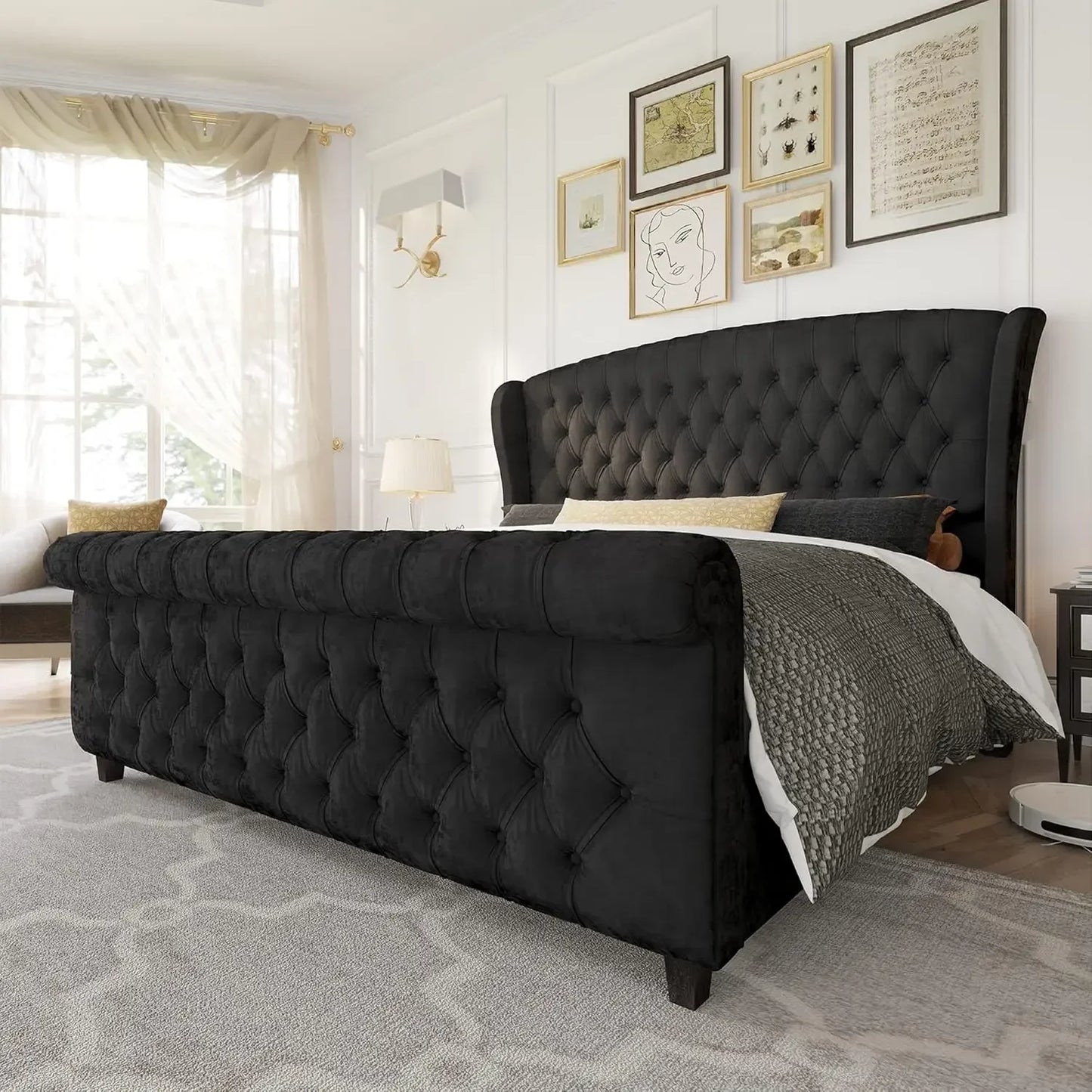 AMERLIFE King Size Platform Bed Frame, Chenille Upholstered Sleigh Bed with Scroll Wingback Headboard & Footboard/Button Tufted
