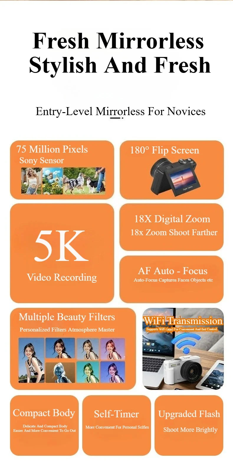 5k HD Digital Camera 75MP 18X Zoom AF Automatic Zoom 3-inch Flip Screen WIFI Web Camcorder Student Travel Shooting Vlog Cameras