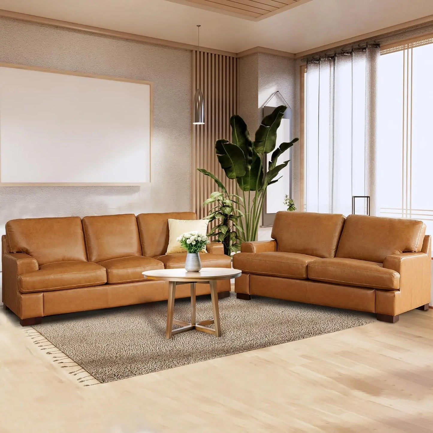 Genuine Leather Sofa - Luxurious Comfort, Goose Feather Cushion Filling, Square Arm Design, Sturdy Block Legs, Living Room Sofas