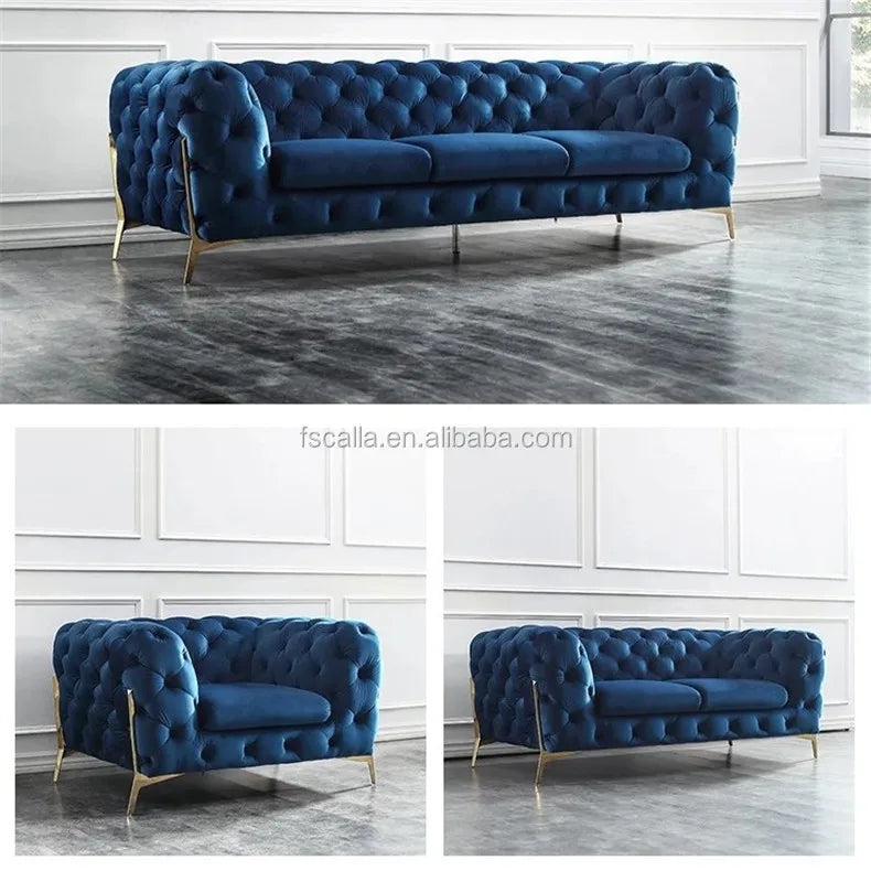 Home Furniture Chesterfield Design Royal Luxury Gold Foot Living Room Genuine Leather Velvet Sofa Set