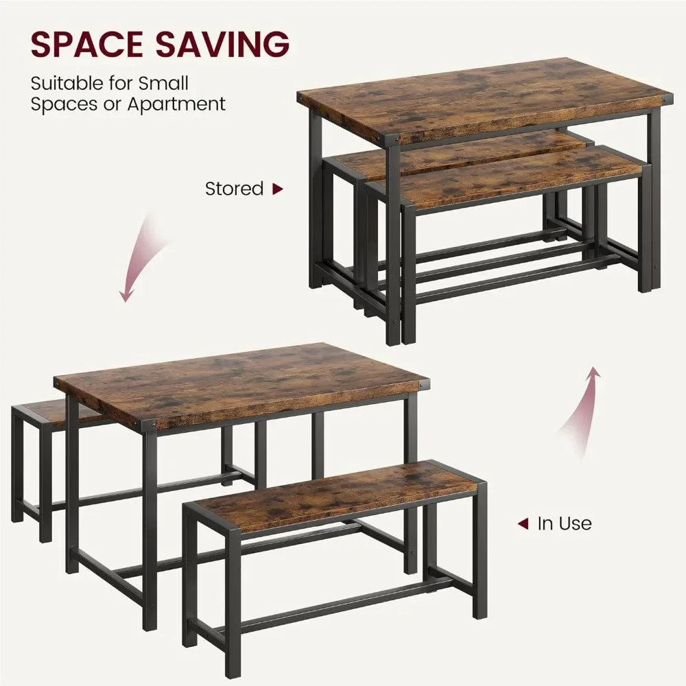 Dining Table Set for 4, Kitchen Table with Benches, Rectangular Dining Room Table Set with 2 Metal Wood Benches, 3 Piece Dining