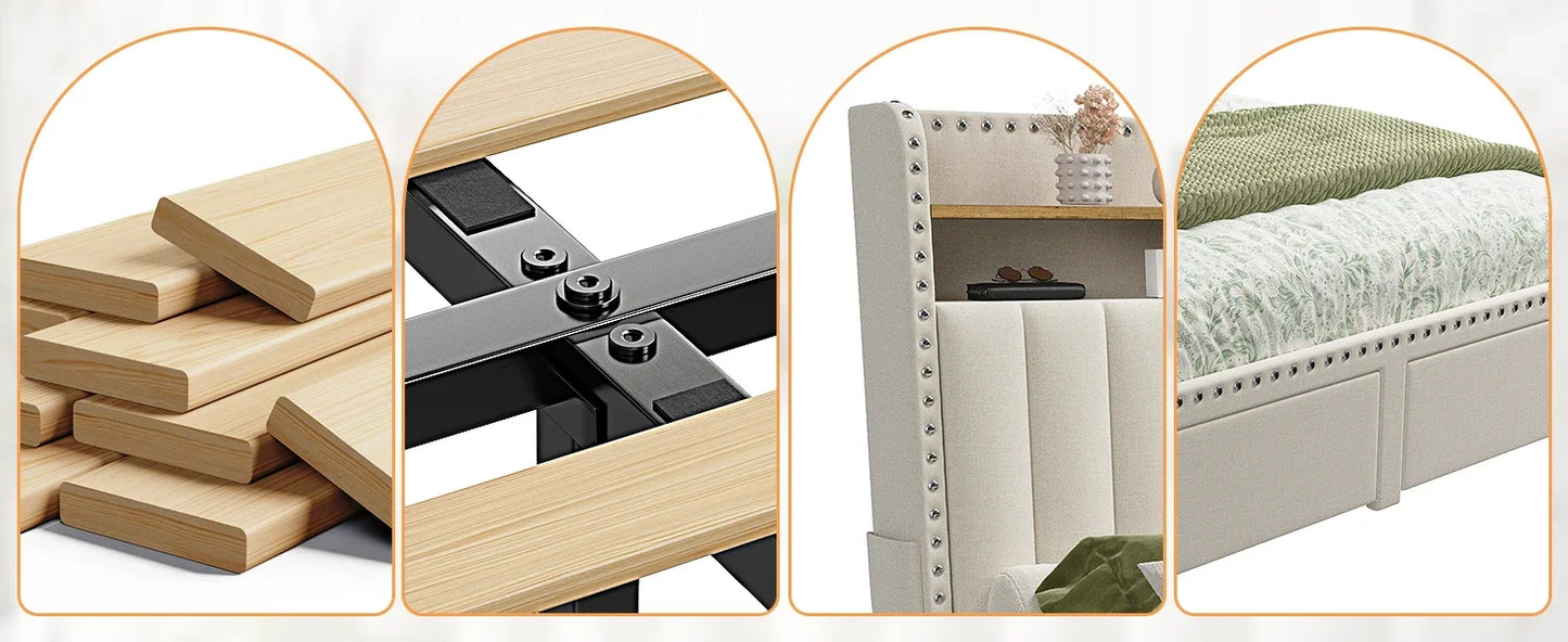 Queen Bed Frame with Headboard and Storage, Upholstered Queen Bed Frame with Storage, Queen Size Bed Frame with 2 Drawers
