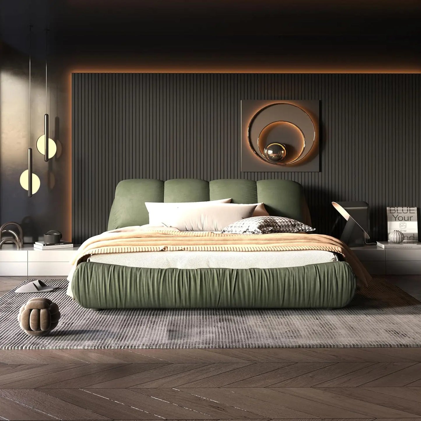 Deluxe king-size upholstered platform bed with upholstered backrest, soft-framed cloud bed, thickened pine slats, metal legs