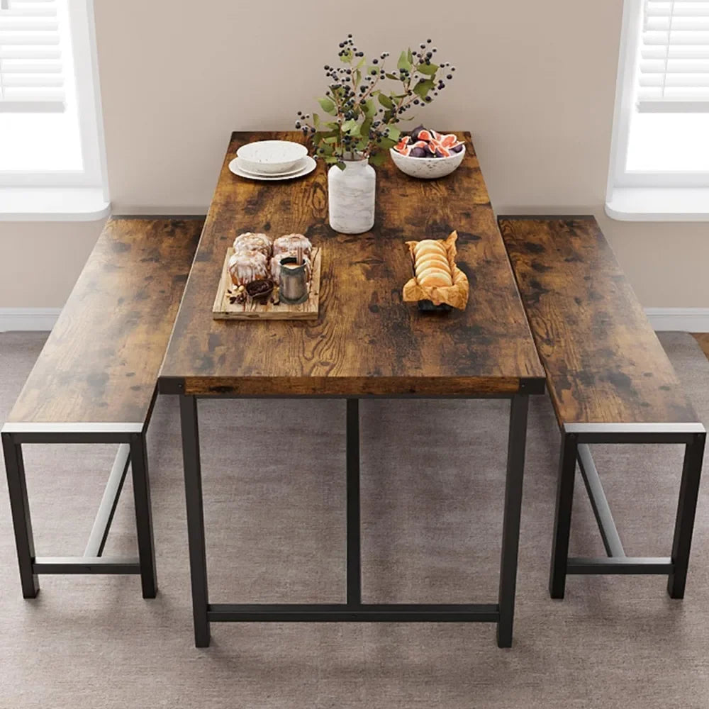 Dining Table Set for 4, Kitchen Table with Benches, Rectangular Dining Room Table Set with 2 Metal Wood Benches, 3 Piece Dining