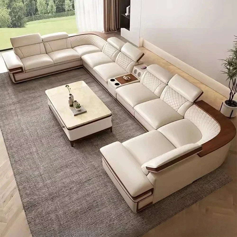 MINGDIBAO Premium Italian Genuine Leather Sofa Set for Living Room with Adjustable Headrests, Bluetooth Speaker, Wireless Charge