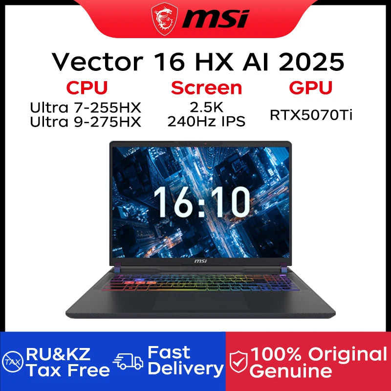 2025 MSI Vector 16 HX AI Gaming Laptop 16 Inch 2.5K 240Hz IPS Screen Netbook Ultra 9-275HX 32GB 1TB RTX5070Ti Netbook Computer