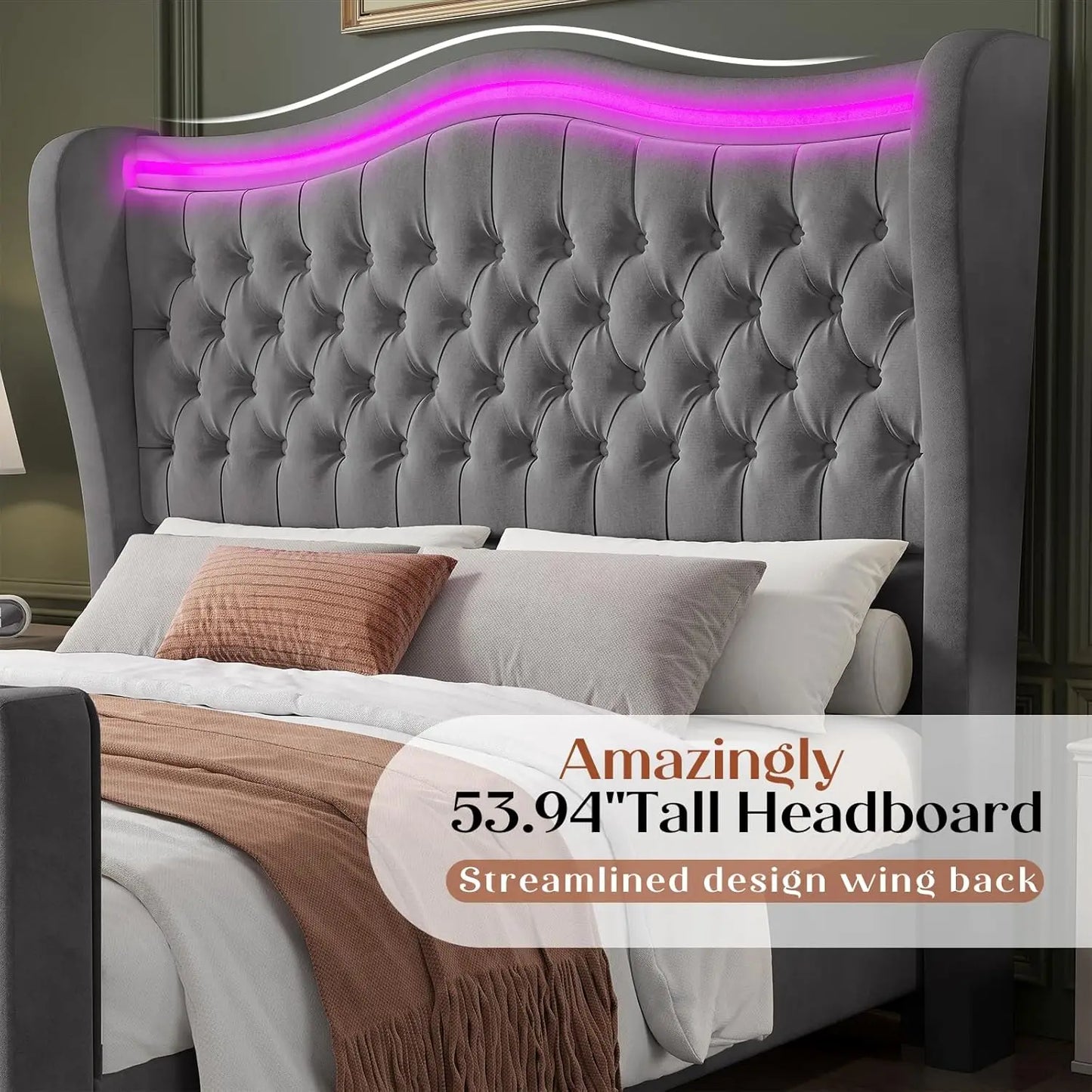 King Size Bed Frame with LED Lights, 53'' Upholstered Platform Wingback Bed with Handmade Deep Button Tufted Headboard Footboard