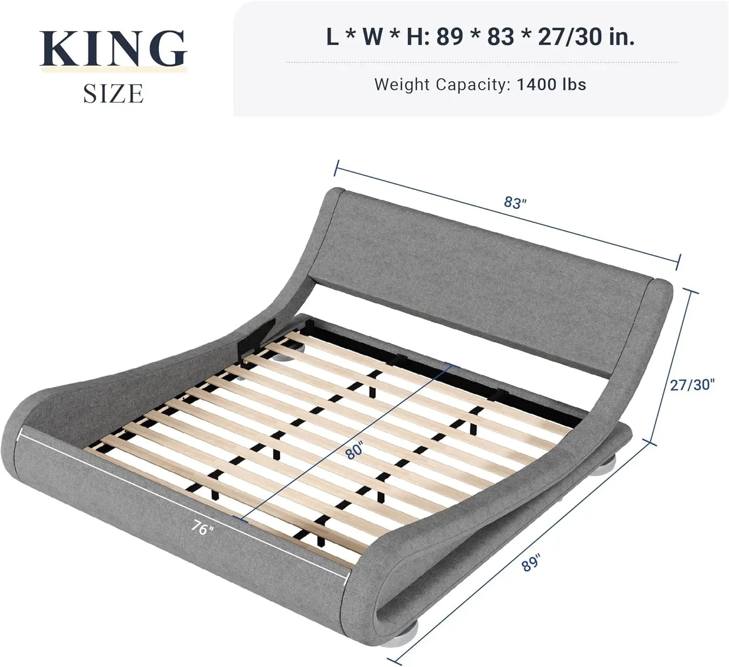 Upholstered Platform Bed Frame with Ergonomic & Adjustable Headboard, Modern Low Profile Sleigh Design