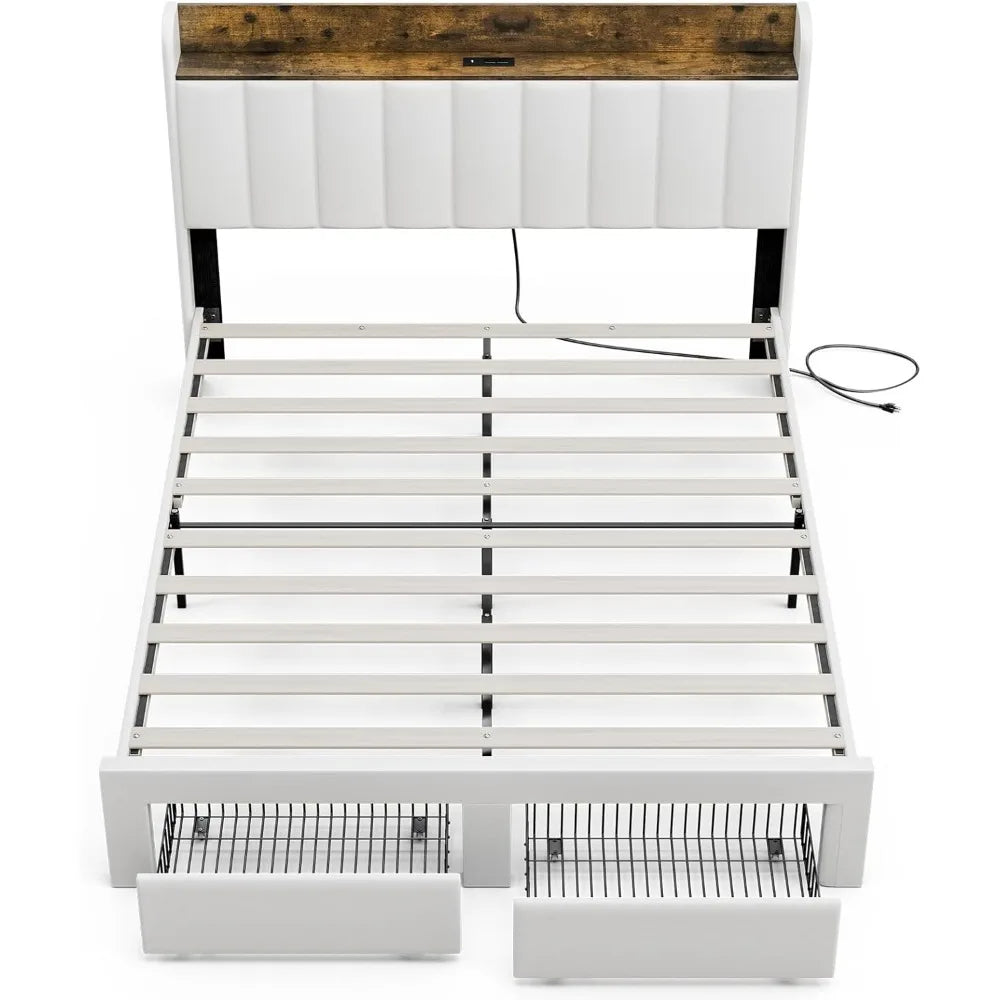 Upholstered Bed Frame Queen Size with Headboard with Storage Drawers & Charging Station,No Box Spring Needed/Heavy Duty