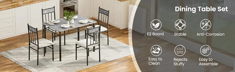 5-piece 4-person Dining Table Set, Imitation Marble Kitchen Table and Chairs 4-piece Set, Metal and Wooden Dining Table Set