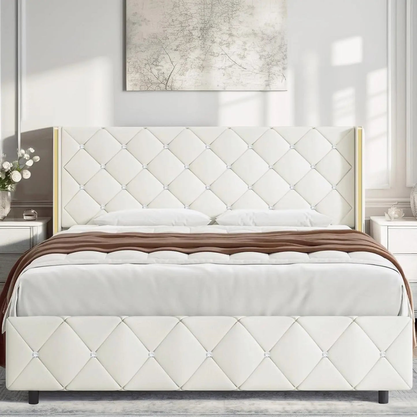 King Size Bed Frame, Velvet Upholstered Platform Bed King Size with Diamond Tufted Headboard and Footboard, Wooden Slats Support