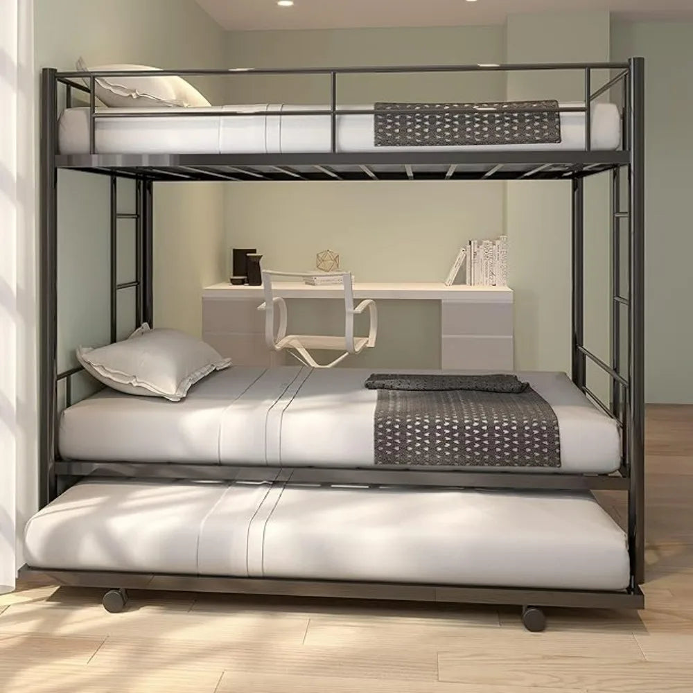 Twin Over Twin Metal Bunk Bed Trundle Frame with 2 Side Ladders Convertible Bunkbed Safety Guard Rails,No Box Spring Needed