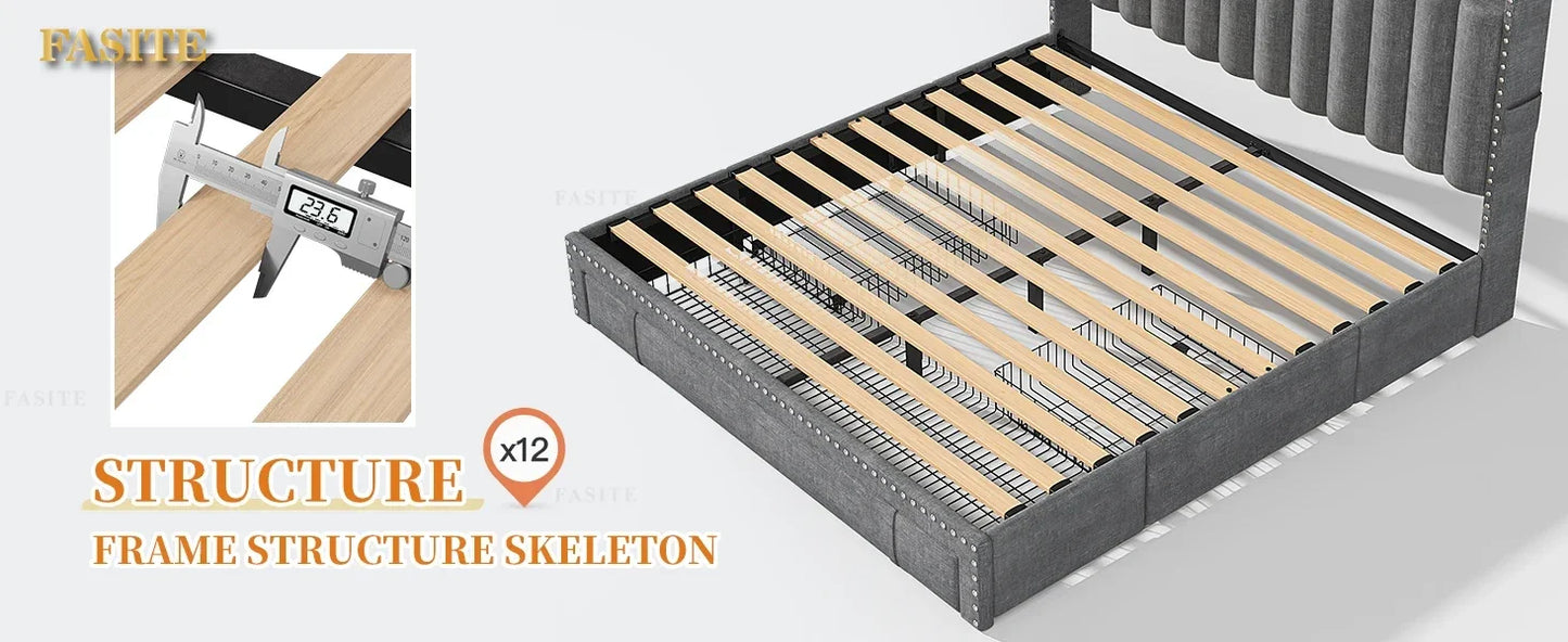 Bed Frame with 3 Storage Drawers,Queen Size Bed Frame with Headboard, Upholstered Platform Bed Frame Queen Size with Storage