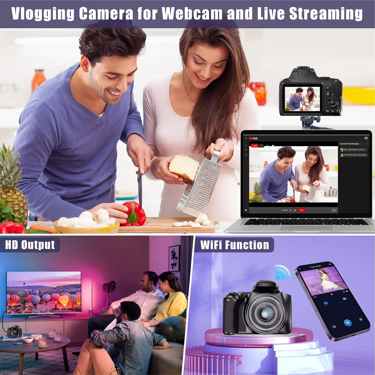 4K Professional Video SLR Camera 64MP Vlog Digital Camera for Youtube Livestream Webcam 10X Optical Zoom Photography Camcorder