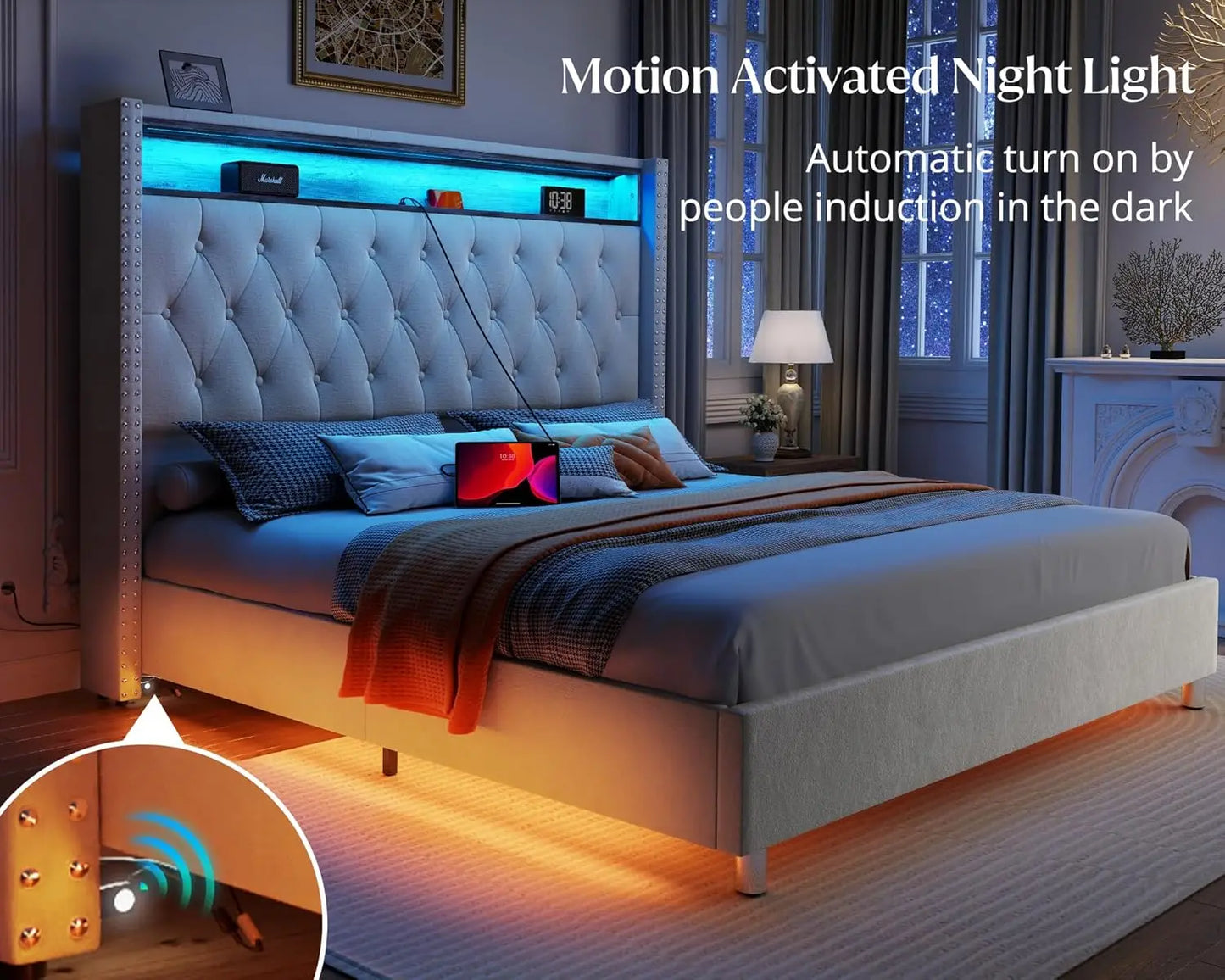 King Bed Frame with Headboard LED Lights and Charging Station, Velvet Tall Upholstered Platform Bed Storage No Box Spring Needed