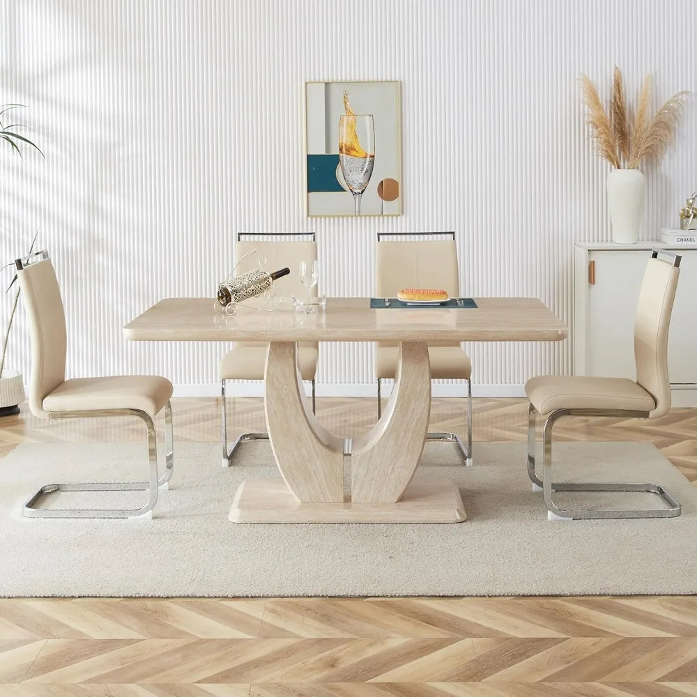 Modern wooden dining table set for 6 people with imitation marble top & 6 PU leather upholstered chairs,Wood grain beige