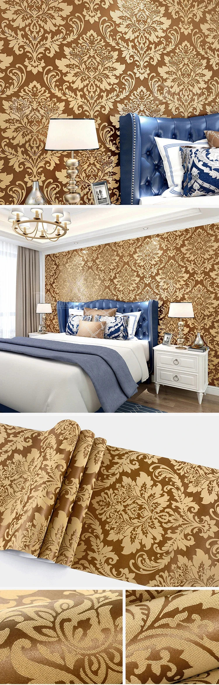 European 3D Relief Embossed Damask Wallpaper Bedroom Living room Background Floral Pattern 3D Textured Wall Paper Home Decor