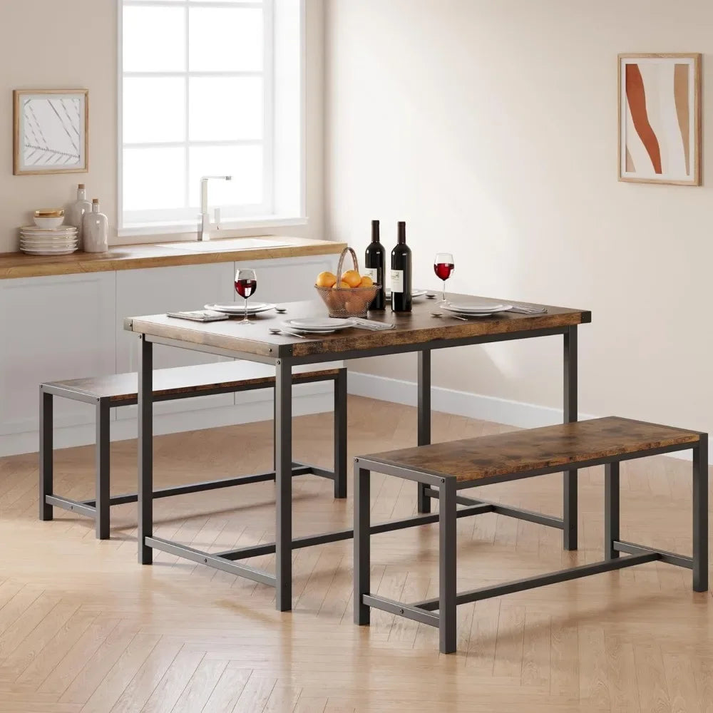 Dining Table Set for 4, Kitchen Table with Benches, Rectangular Dining Room Table Set with 2 Metal Wood Benches, 3 Piece Dining