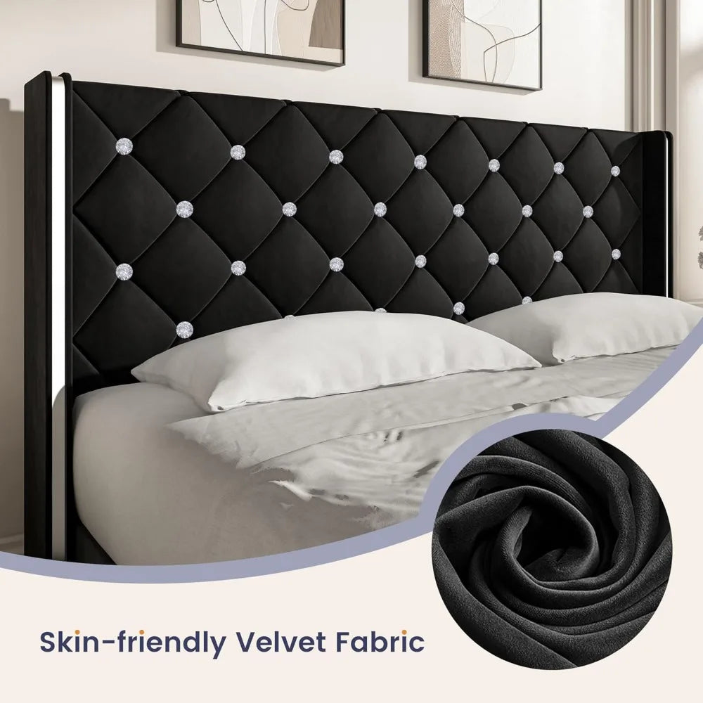 King Size Bed Frame, Velvet Upholstered Platform Bed King Size with Diamond Tufted Headboard and Footboard, Wooden Slats Support
