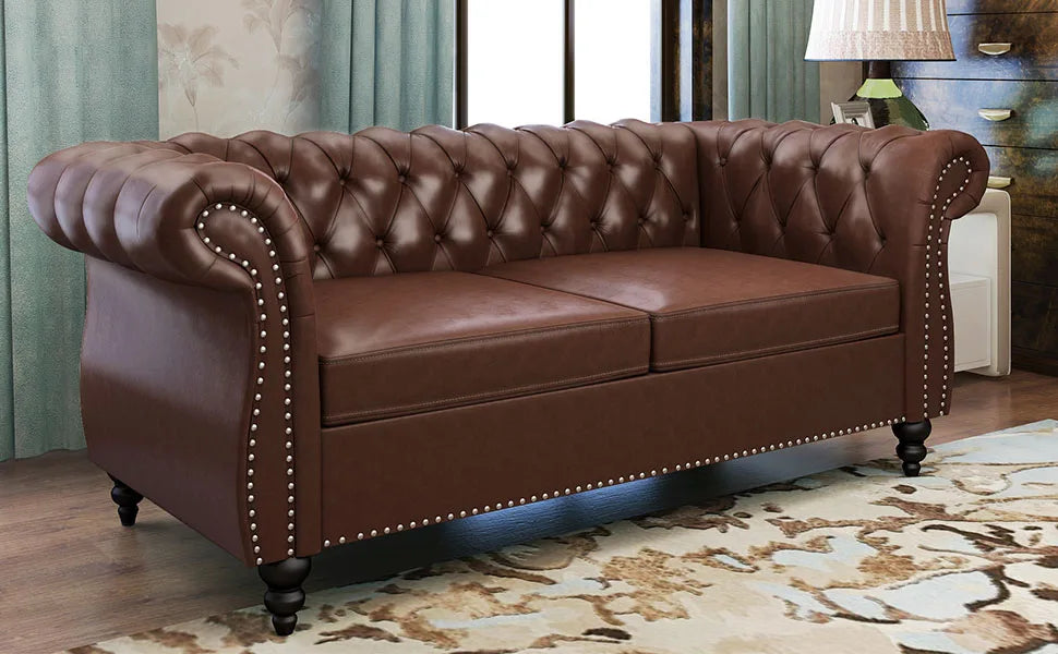 2-piece Living Room Set, Chesterfield Leather Double Sofa with Scroll Armrests and Nail Heads