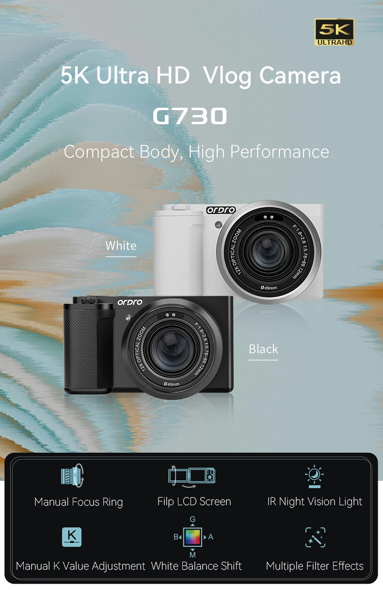 ORDRO G730 Vlog Digital Compact Camera 4K 60FPS IR Night Vision 12X Optical Zoom Auto Manual Focus Video Camcorder Photography
