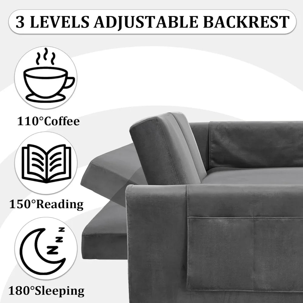 3 in 1 Pull Out Convertible Sofa Bed-Velvet Sleeper Sofa with 3Level Adjustable Backrest,Tufted Love Seat w/ 2Pockets & 2Pillows