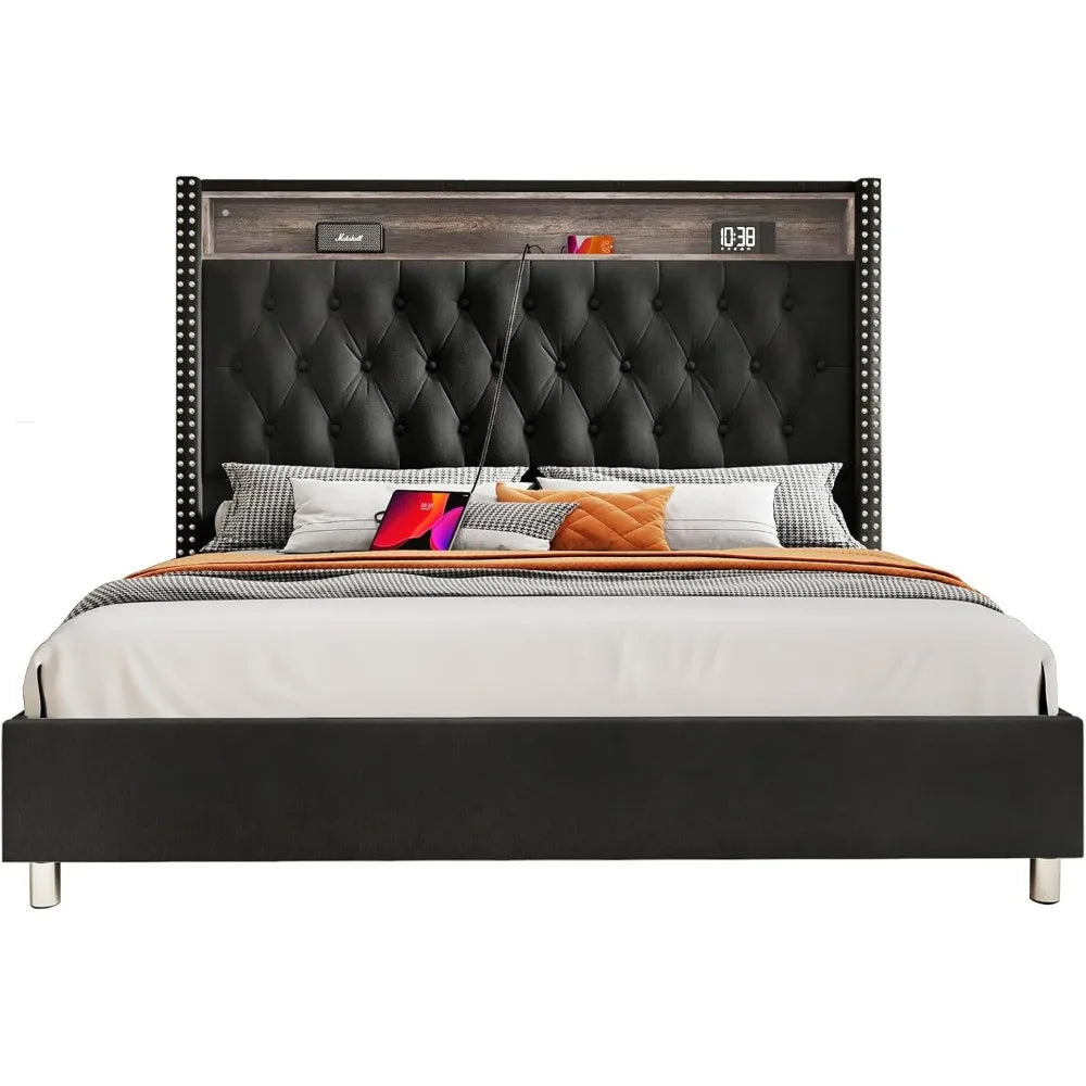 King Bed Frame with Headboard LED Lights and Charging Station, Velvet Tall Upholstered Platform Bed Storage No Box Spring Needed
