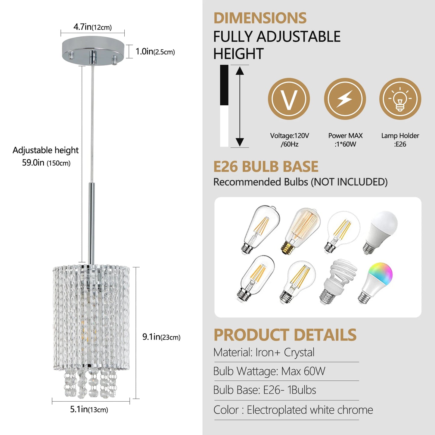 Modern Crystal Pendant Light 3-Pack Adjustable Chrome Hanging Ceiling Fixture with Clear Beads, Elegant Design (No Bulbs)
