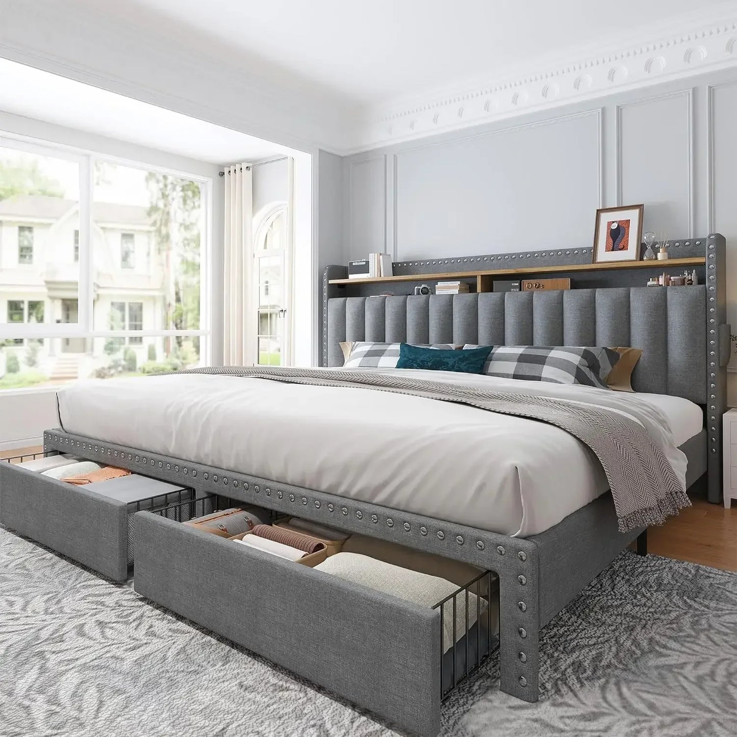 Queen Bed Frame with Headboard and Storage, Upholstered Queen Bed Frame with Storage, Queen Size Bed Frame with 2 Drawers