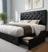 King Bed Frame Platform Bed,Linen Fabric Upholstered Headboard and Wooden Slats Support,Heavy Duty Mattress Foundation,Beige