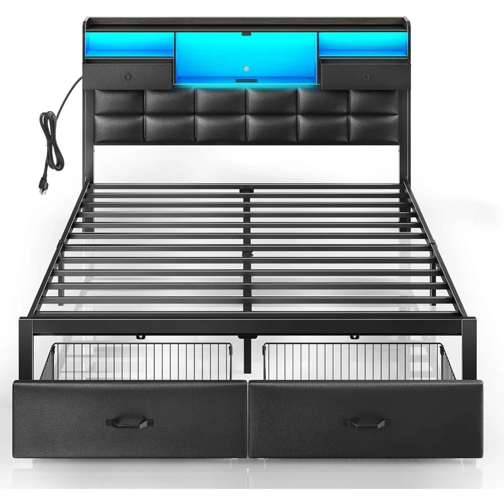 Bed Frame Full Size with Drawers and Charging Station, Upholstered Platform Bed with Storage Headboard and LED Light, Heavy Duty