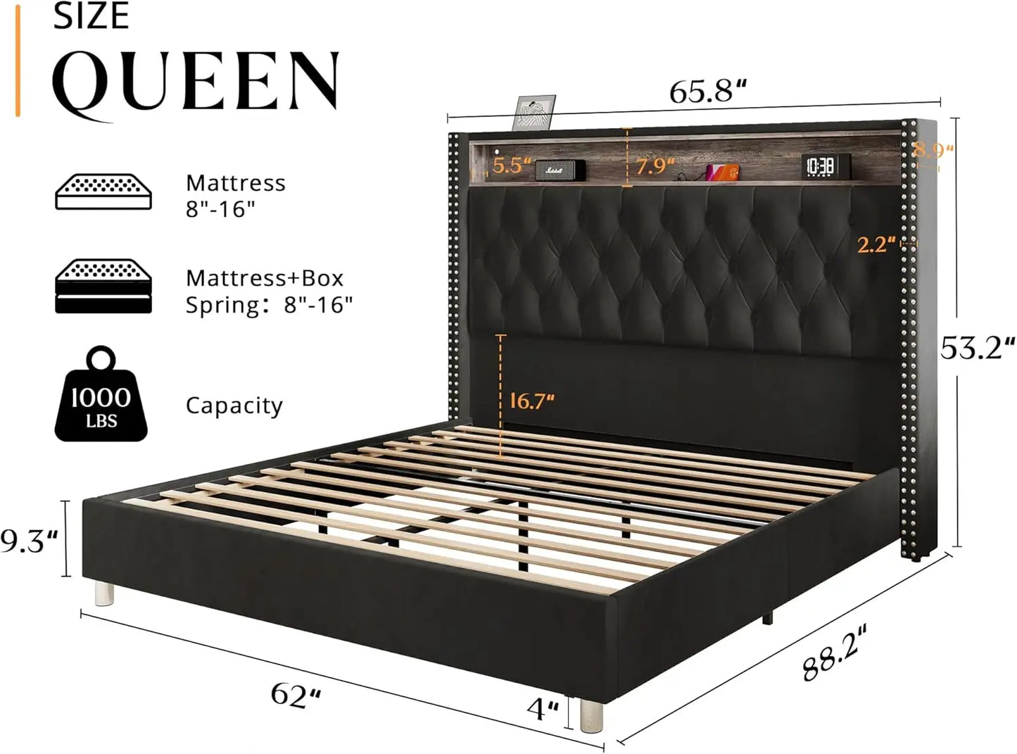 King Bed Frame with Headboard LED Lights and Charging Station, Velvet Tall Upholstered Platform Bed Storage No Box Spring Needed