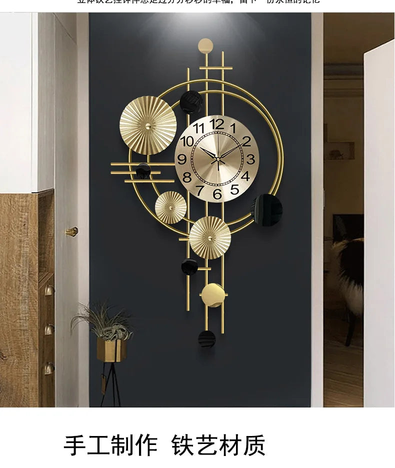 Large Wall Clock Gold Nordic Living Room Art Lotus Leaf Hanging Watch Circular Geometry Pointer Mute Wall Clock Home Decoration