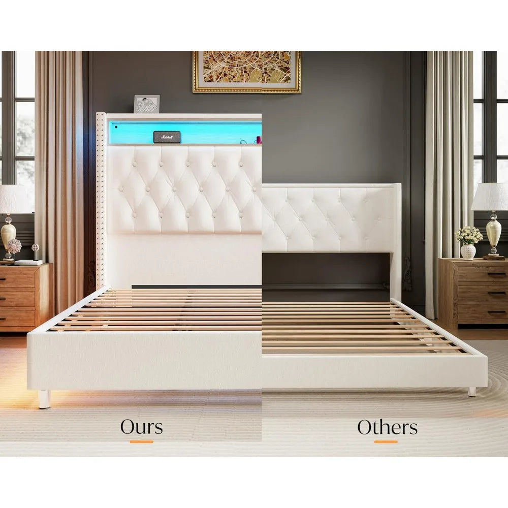 King Bed Frame with Headboard LED Lights and Charging Station, Velvet Tall Upholstered Platform Bed Storage No Box Spring Needed