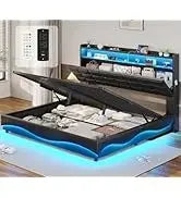 Queen Floating Frame RGB LED Lights ,USB-C/A Power Combo,Linen Upholstered Platform Bed with Storage Headboard