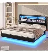 Queen Floating Frame RGB LED Lights ,USB-C/A Power Combo,Linen Upholstered Platform Bed with Storage Headboard