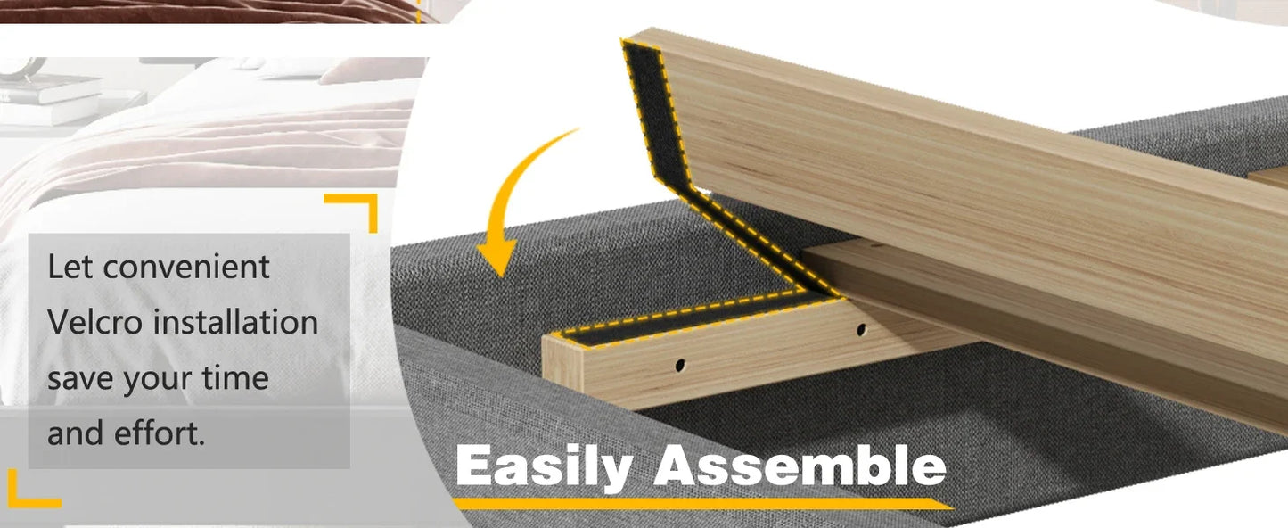 Queen Headboard,Linen Upholstered Bed Frame With Wood Slats Support,No Box Spring Needed,Heavy Duty Feet,Easy Ass
