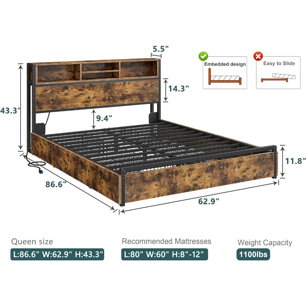 Queen Bed Frame with 6 Storage Drawers,Headboard,Charging Station & Storage No Noise,No Box Springs Needed,Vintage Brown.