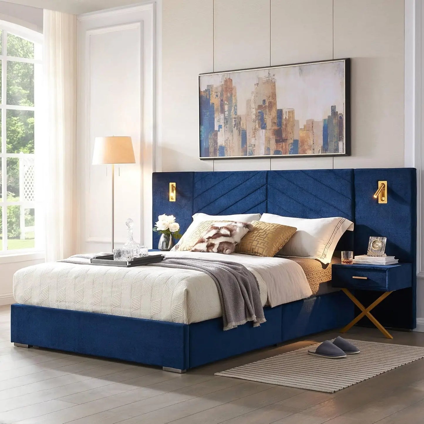 Luxury King Bed Frame with Built-in Gold LED Lights and Nightstands, King Size Platform Bed with Oversize Upholstered Headboard