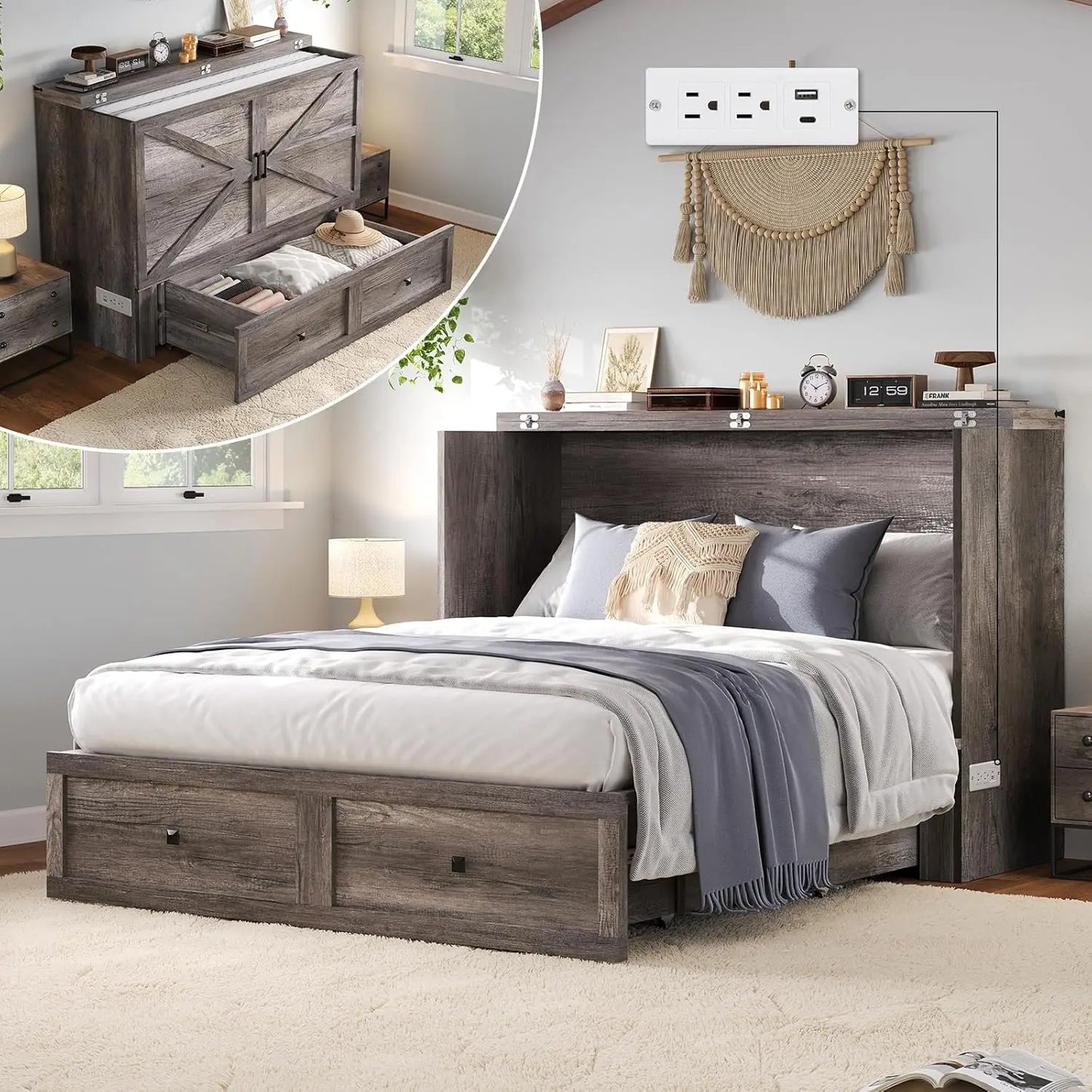 Full Size Murphy Bed, Cabinet Bed with Charging Station Large Storage Drawer for Home Office or Small Room, Hideaway Bed Full Fo