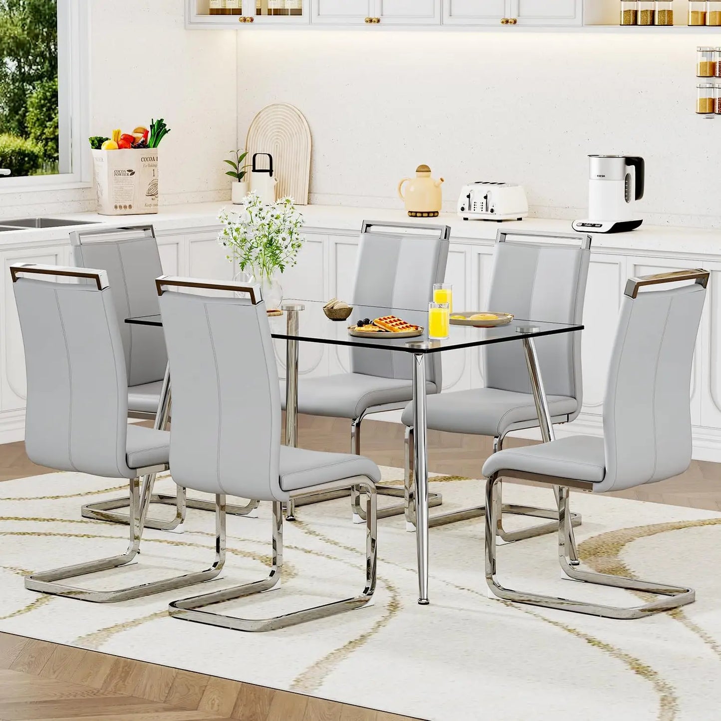 Glass Dining Table Set for 4,5 Piece Dining Table and Chairs Set,Modern Kitchen Dining Room Table with 4 Black PU Leather